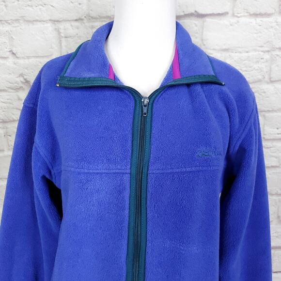 LL Bean Fleece Jacket Periwinkle Blue Green Trim 1990s Full Zip Script Sz XS/S - Picture 2 of 12